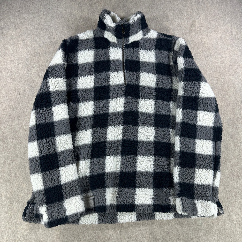 Wrangler Womens 1/4 Zip Pullover Buffalo Plaid Sherpa Black Gray Size Medium